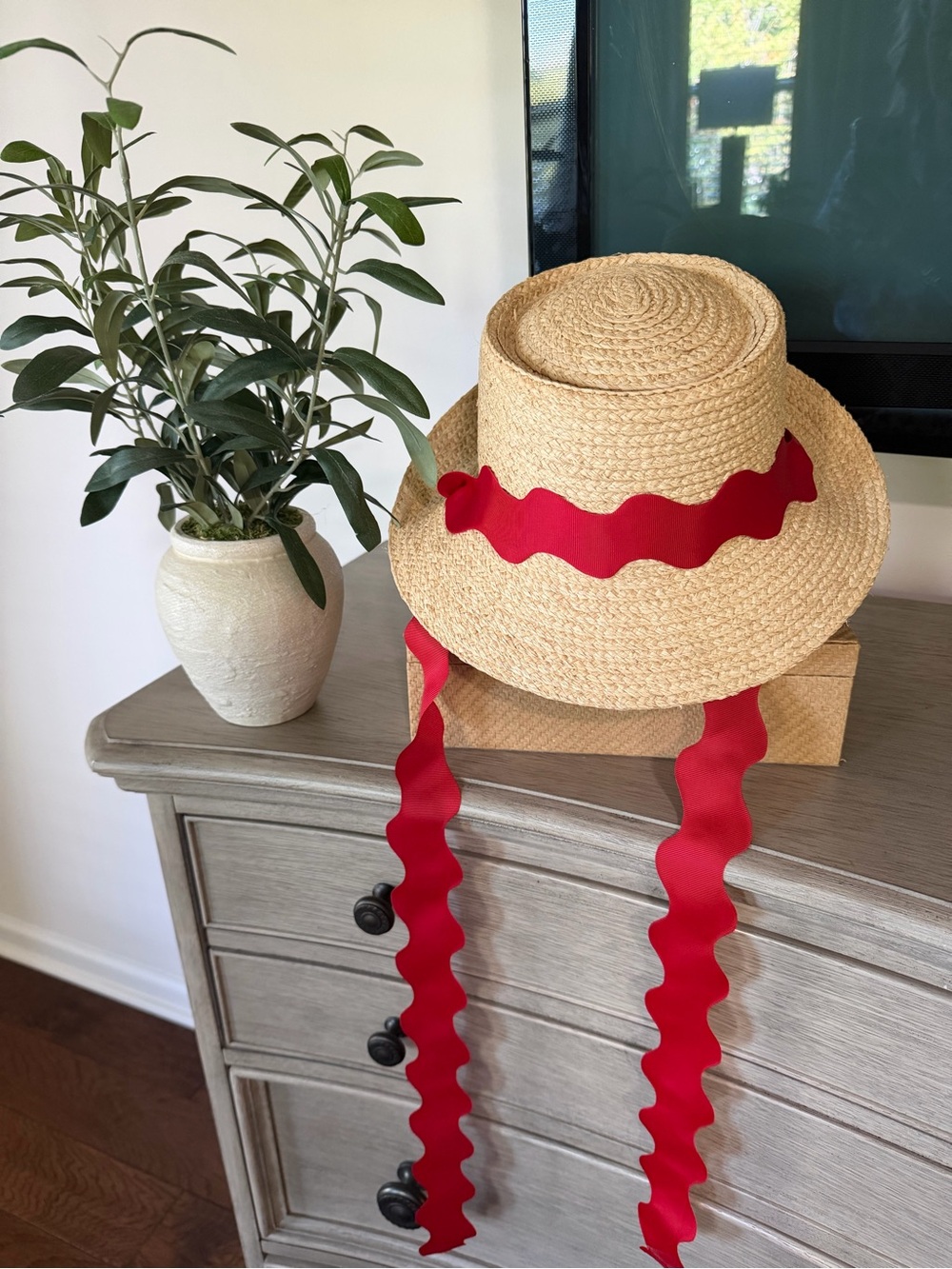 Straw Sun Hat with Red Ribbon Trim